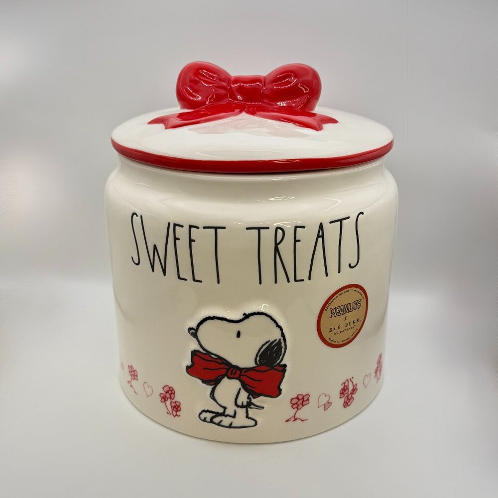 Rae Dunn Snoopy Valentine Treat Jar | Red bow Snoopy cookie jar